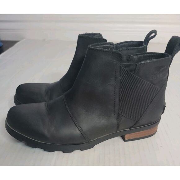 Sorel Emelie Ankle Boots Womens SZ 9 Black Leather Chelsea Pull On NL2671-010 - Picture 1 of 11